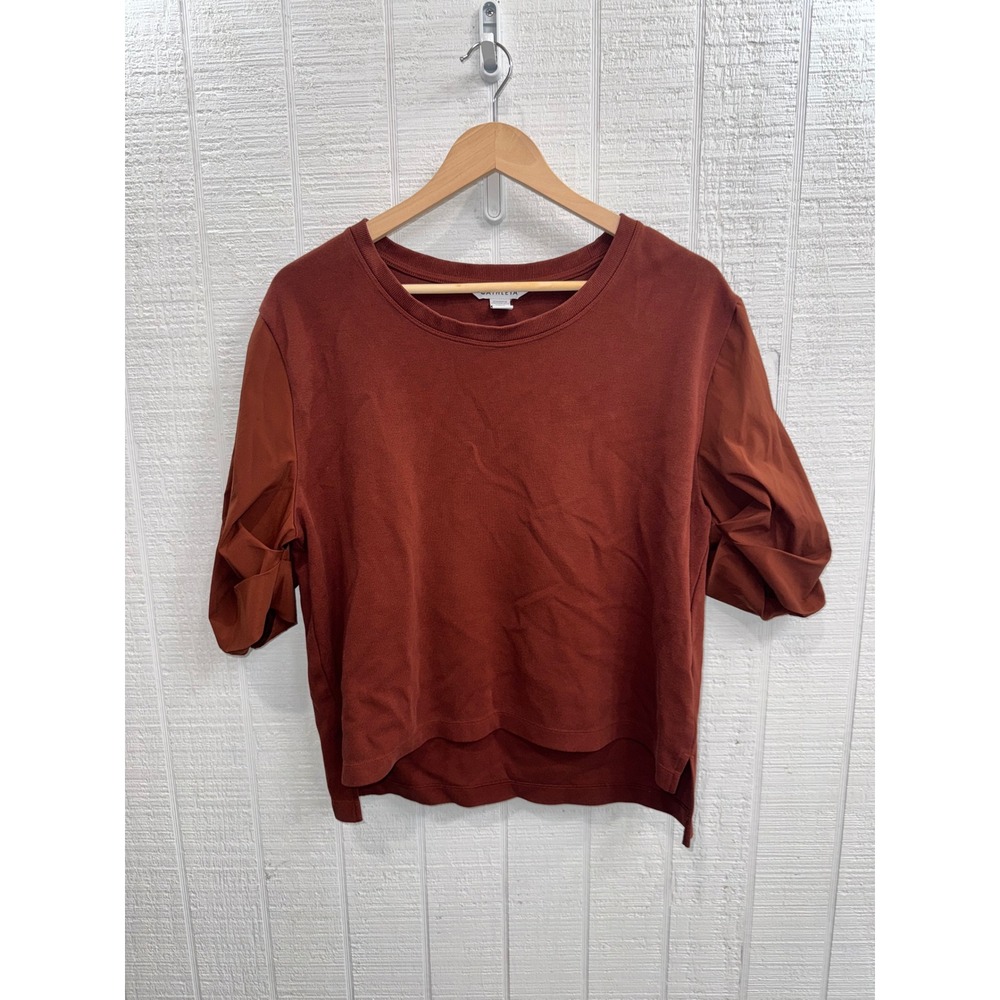Athleta Mixed Media Puff Sleeve Top Women Rust Brown High Low Hem M